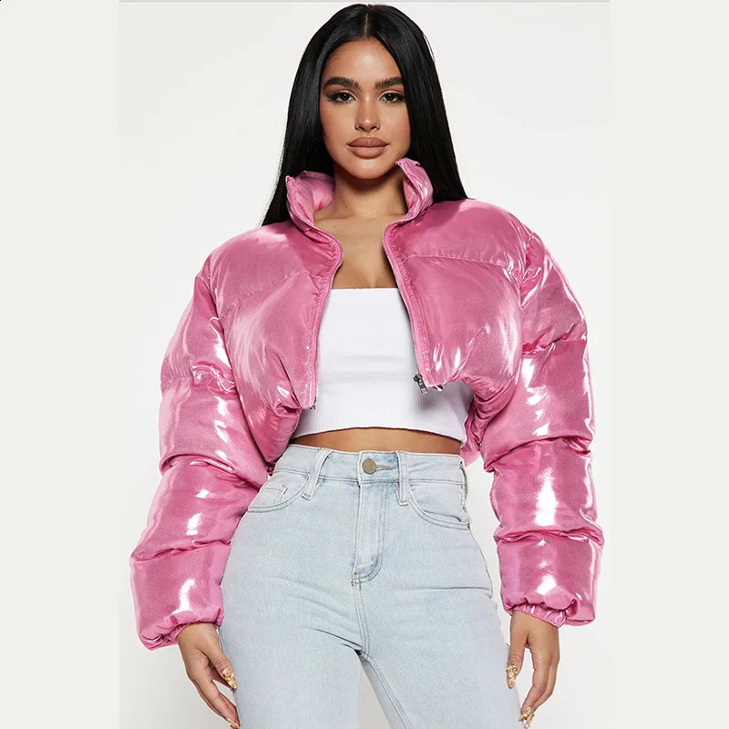 Bubble Puffer Coats Crop Pink Jacket Casual Thick Warm Down Cropped Coat Women Y2K Clothes Streetwear Winter Jakcets 240914