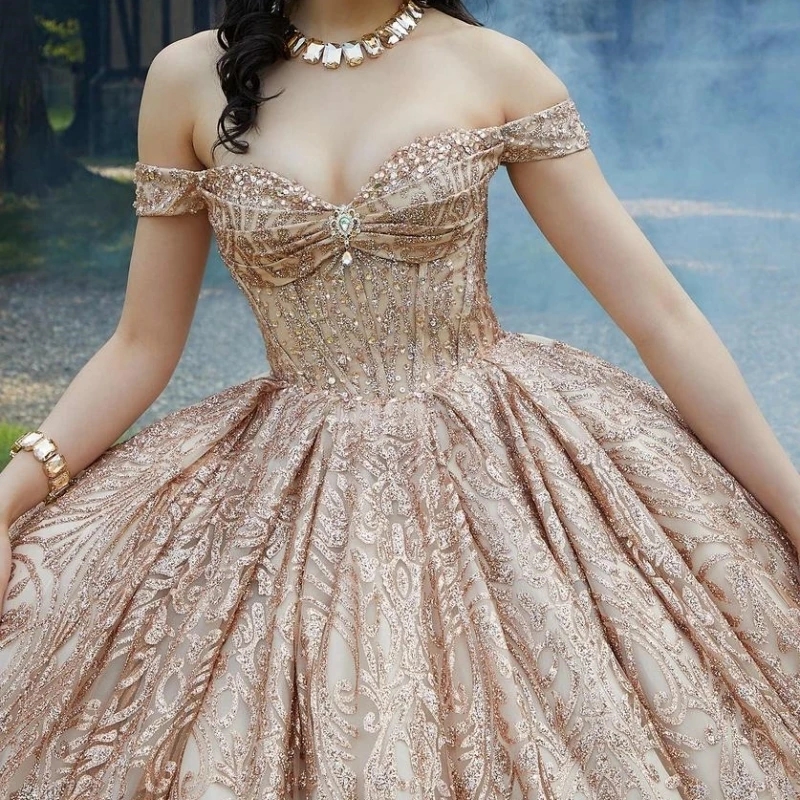 Champagne Shiny Quinceanera Dresses Off The Shoulder Princess Beads Crystal Bow Tull Sweet 16 Dress Birthday Party Vestido De 15 Anos
