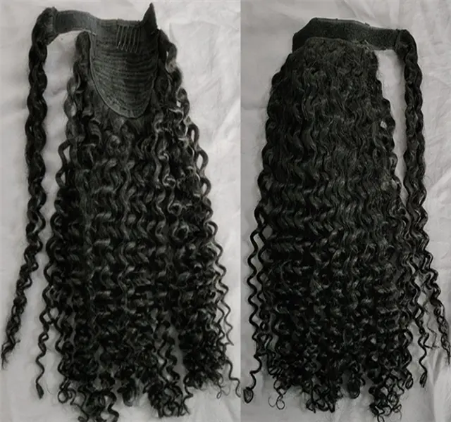 Jet black afro kinky curly clip in ponytail human hair extension for black women,Brazilian wraps around pony tail hairpiece 160g