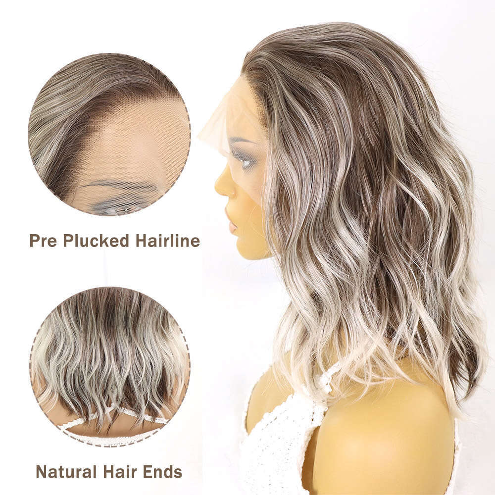 Brown Blonde Highlight Synthetic Lace Front Bob Wigs Dark Roots Colored Natural Wavy For Women 13X3 Short Heat Resistant Wig