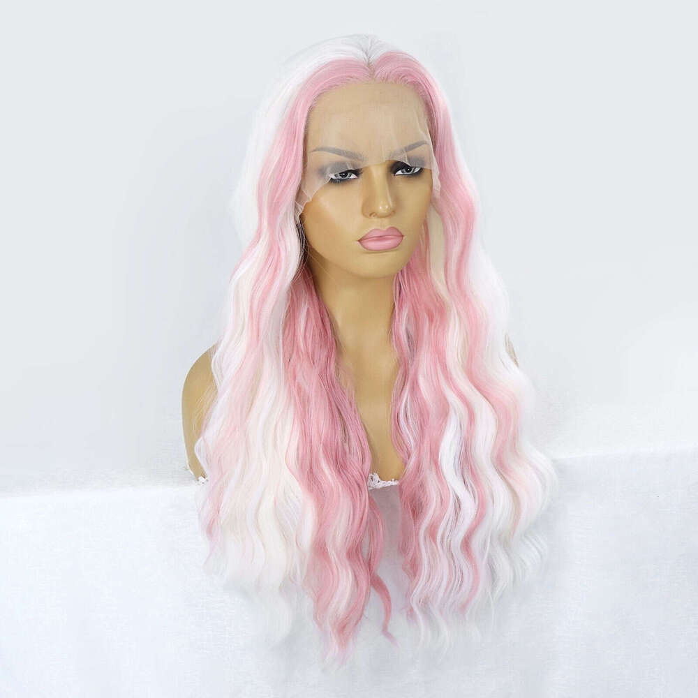 White Pink Synthetic Front Wigs Water Wave Colored Cosplay For Women Highlight Curly Heat Resistant Lace Frontal Wig