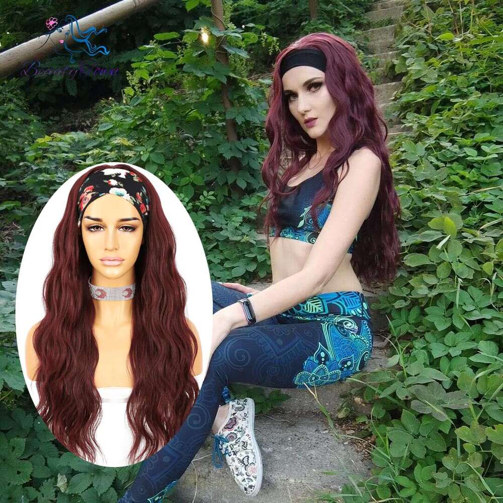 Long Wavy Bury Red Headband For Women Daily Wedding Party Travel Holidays No Gel Glueless Wig 2 Free Bands