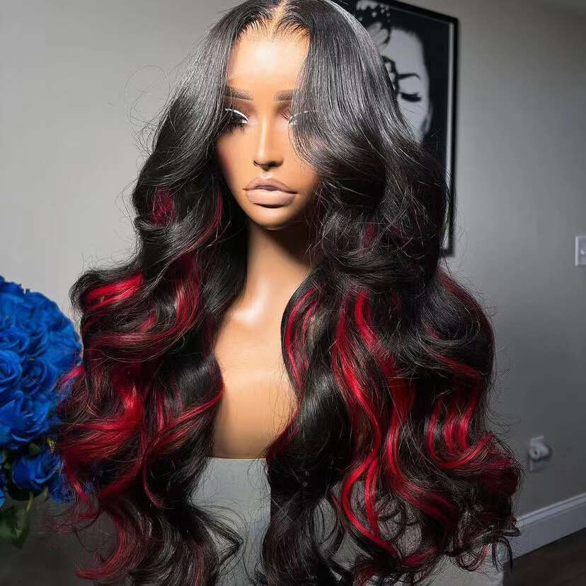 AIMEYA Black Long Wave With Red Highlights Synthetic Lace Front For Women Daily Use Cosplay Wig Heat Resistant Hair