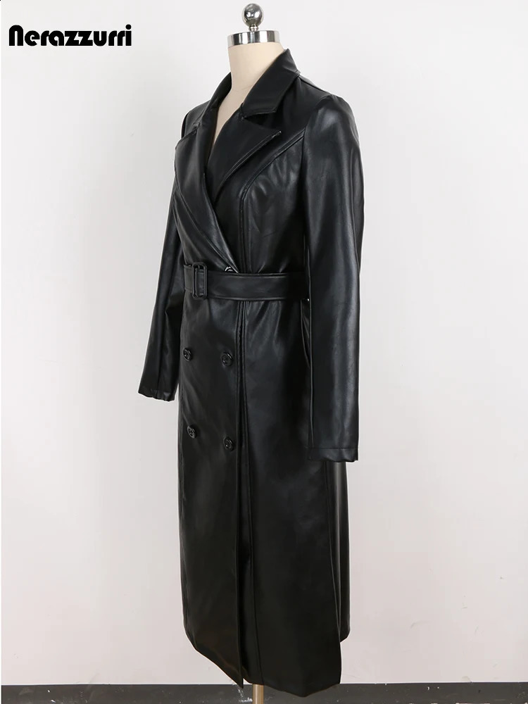Sapphire Spring Autumn High Quality Elegant y Fitted Black Pu Leather Trench Coat Womens Double Chest 240906