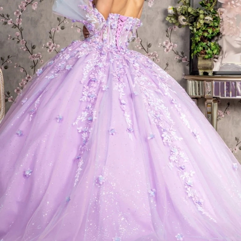 Lilac Princess Quinceanera Dresses 3D Floral Ball Gown Off The Shoulder Sequin Applique Lace Tull Corset 15 Vestidos De XV Anos