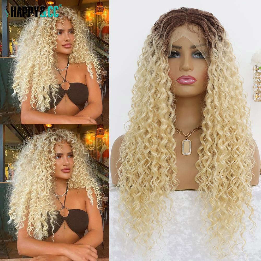 Ash Lace Front Curly Synthetic Wigs For Women Deep Wave Dark Roots Blonde Colored Wig Glueless Heat Resistant Hair