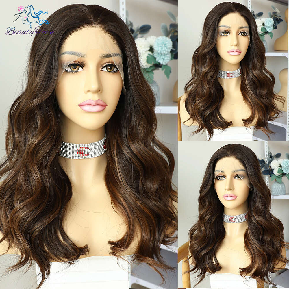 13X3 Synthetic Lace Front Short Wavy Ombre Brown Highlight Colored For Women Straight Daily Use Cosplay Wig