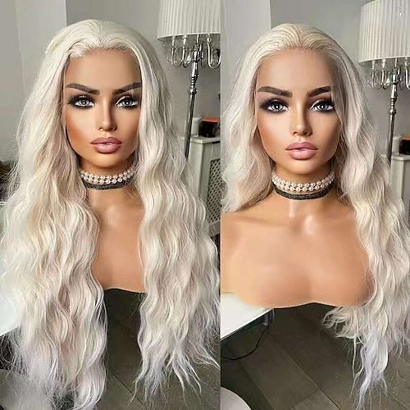AIMEYA Platinum Blonde Long Wave Heat Resistant Synthetic Front Wigs Natural Haire Sier Lace Wig Daily Use Cosplay