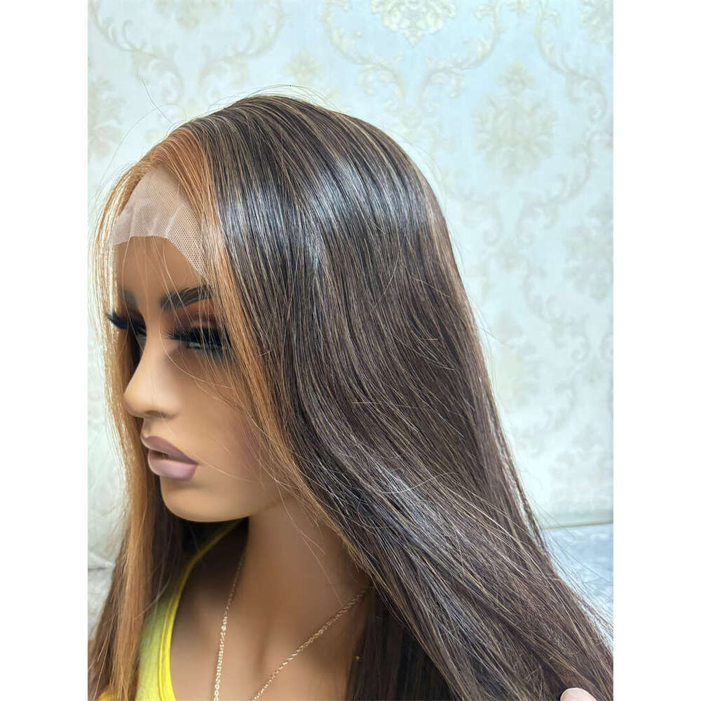 Soft Long Glueless Yaki Ombre Brown 26Inch HD Straight Lace Front Wig For Women With Baby Hair Synthetic Preplucked Daily