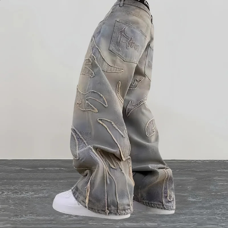 Ropa Y2K Streetwear Flame Embroidery Baggy Stacked Jeans Pants For Men Clothes Harajuku Vintage Women Gothic Denim Trousers 240912