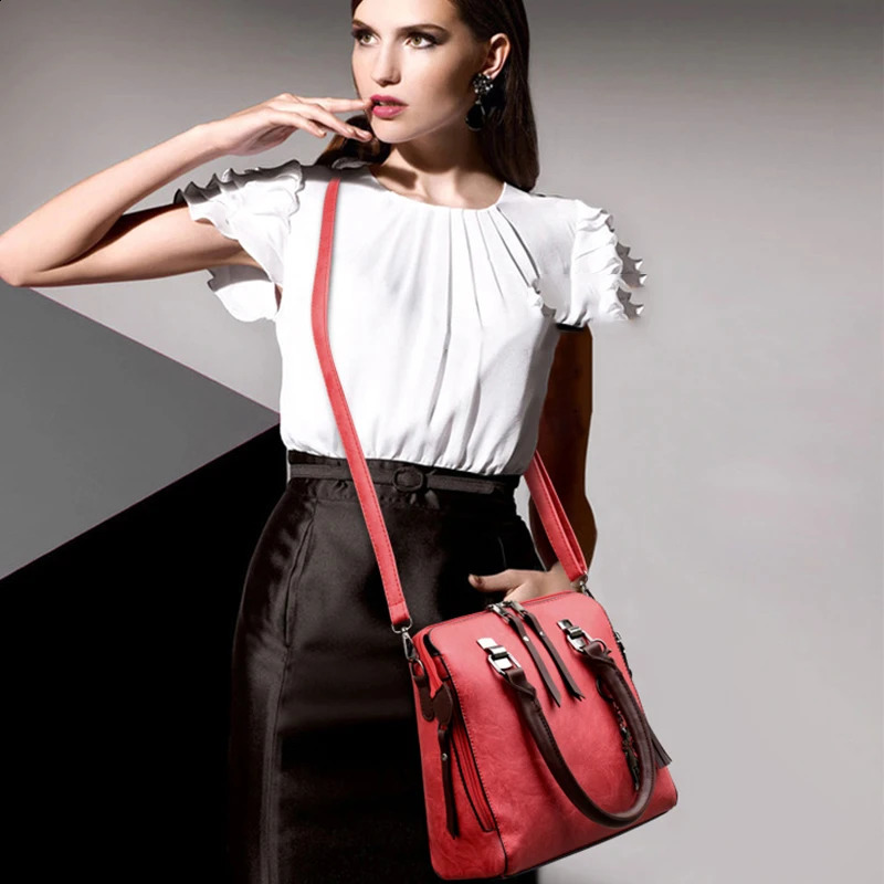 4 Piecesset Handbag Vintage PU Leather Bags Tassel Messenger Composite Shoulder Female 240914