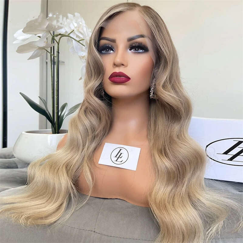 Highlight Ombre Ash Blonde Color Wig 13X4 Body Wave Synthetic HD Front 26 Inch Long Wavy Frontal Lace Wigs For Women