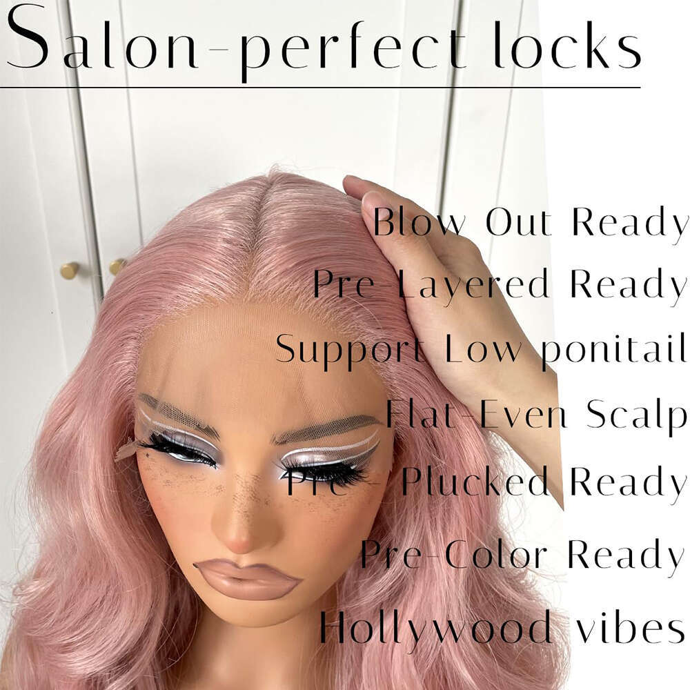 Rose Pink Synthetic Front Wigs 26 Inch Body Wave Colored Glueless Pre Plucked Party Lace Wig For Women Cosplay