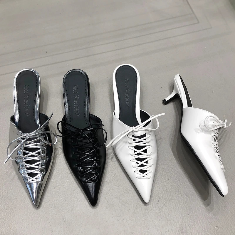Pumps 2024 Elegant Woman Med High Heels Shoes Summer Fashion Lace Up Female Slides Pointed Toe Ladies Shoes Heels Mules 240914