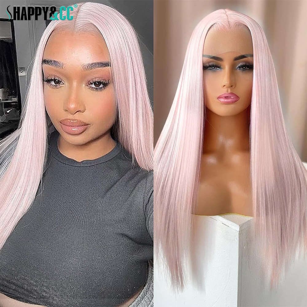 Light Pink Synthetic Lace Front Wigs Silky Straight Colored For Women Heat Resistant Fiber Pre Plucked Cosplay Glueless Wig