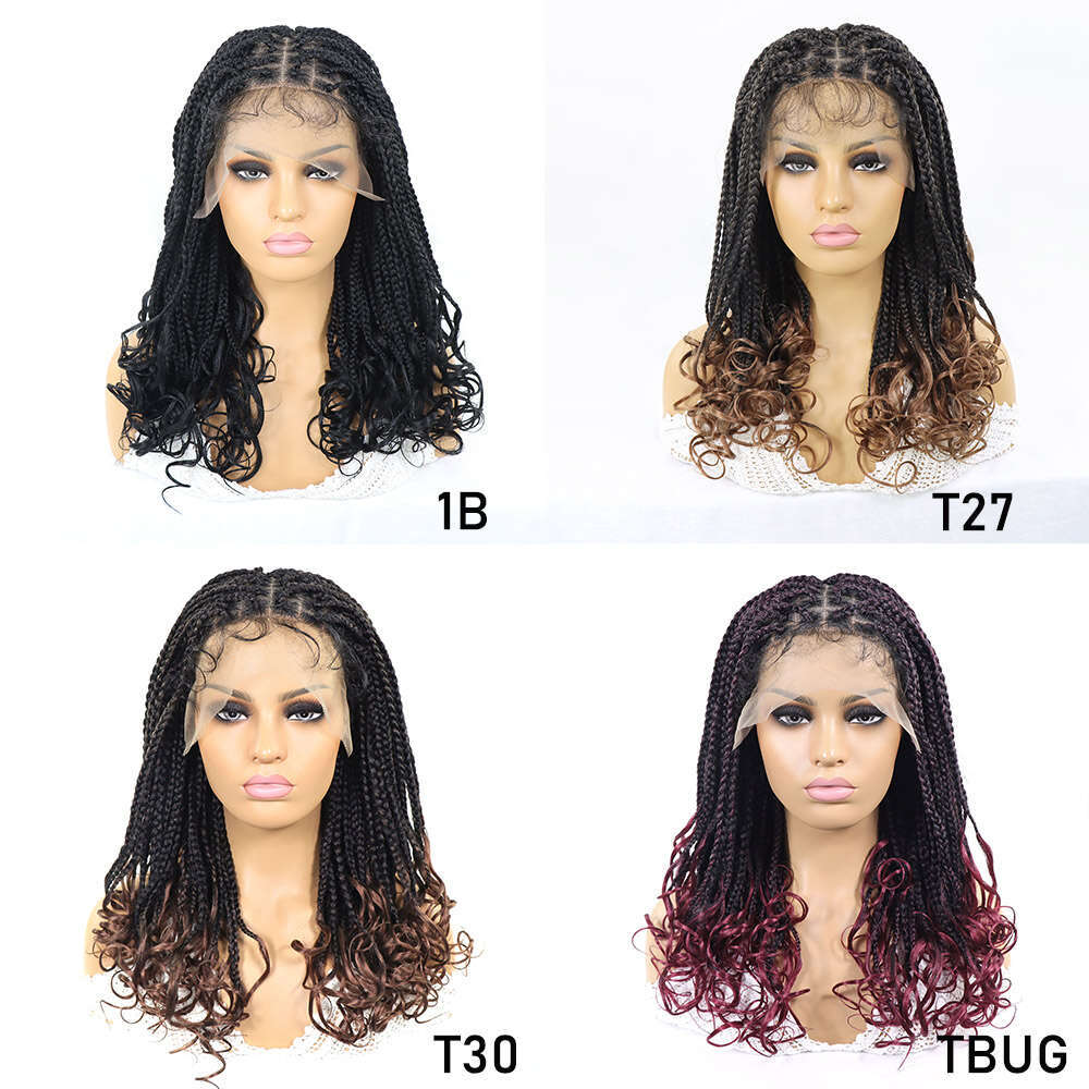 Box Wigs Curly Ends Synthetic Lace Front Braided 16Inch Square Part Pre Plucked With Baby Hair Braid Wig For Women