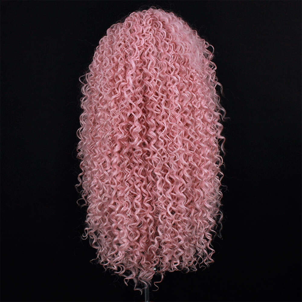 High Quality Synthetic Fibre Pastel Pink Blend Human Hair Heat Resistant Curly Texture Lace Front Wig Side Part Thick Curls