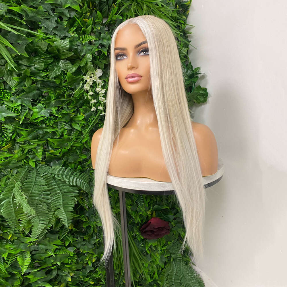 Heat Safe Synthetic Fibre Light Blonde Highlights Straight Lace Frontal Wig Blend Human Hair 13X4 Ready To Ship
