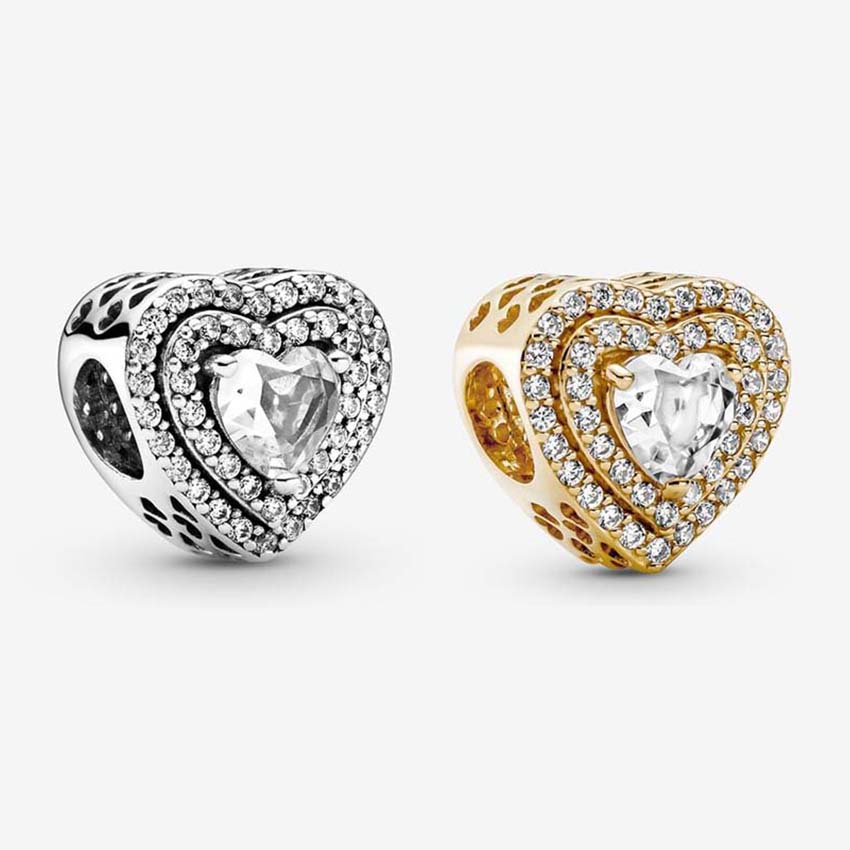Sparkling Leveled Hearts Charm 925 Sterling Silver Logo Charms Set Bracelet Bangle DIY Making Components Gold Diamond Beads charm with Luxurious Box Wholesale