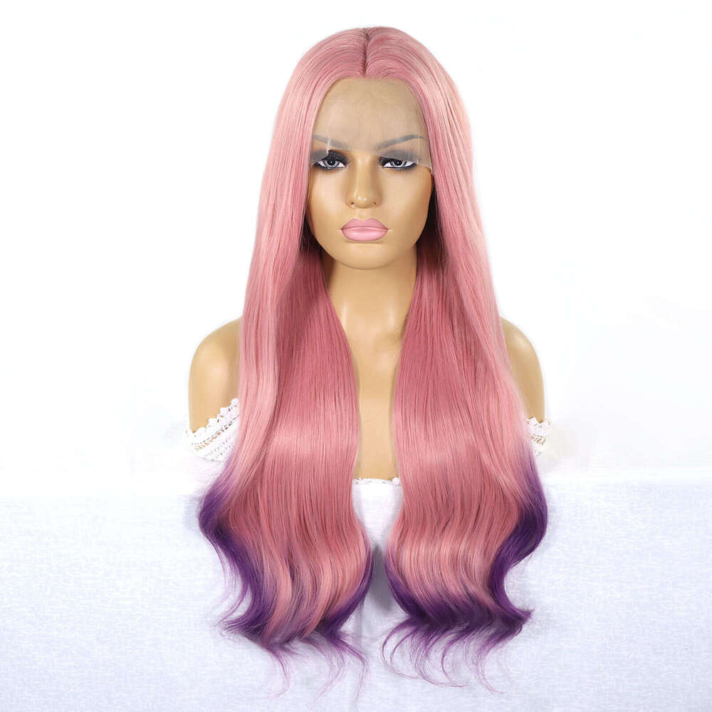 Ombre Pink Purple Front Wigs Natural Wave Cosplay Colored Pre Plucked Transpart Lace Synthetic Wig For Women Party