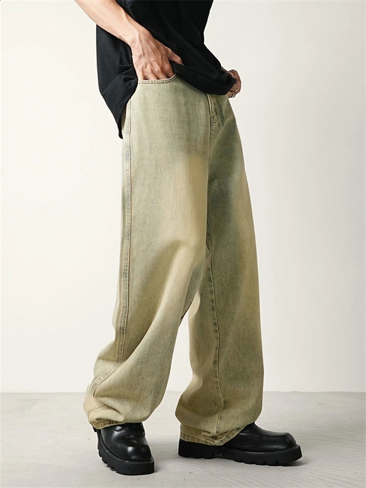 Womens Yellow Mud Dyed Retro Washed Denim Jeans Cool Wide Leg Vintage Pants Female Casual High Waist Unisex Denim Trousers 240911