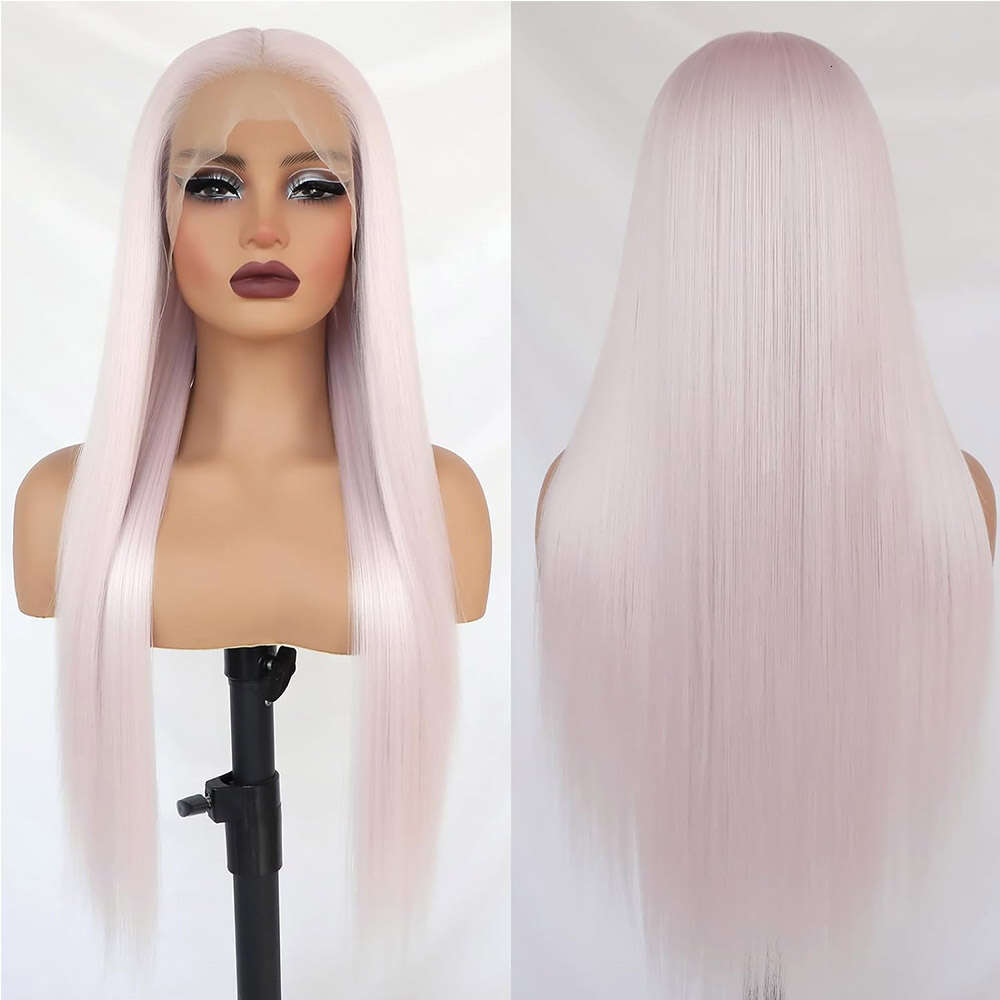 Light Pink Synthetic Lace Front Wigs Silky Straight Colored For Women Heat Resistant Fiber Pre Plucked Cosplay Glueless Wig