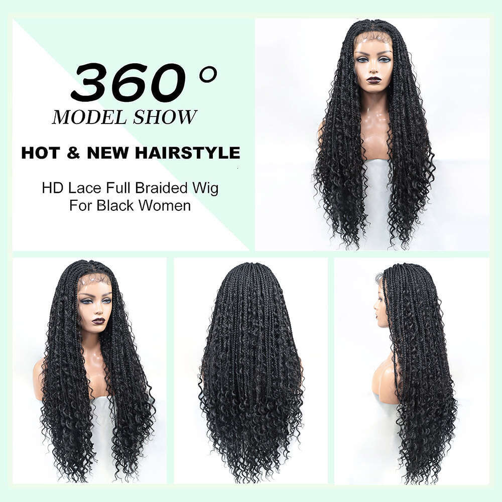 36Inch Boho Box Braided Wigs Synthetic Lace Front Goddess Locs Curly Ends Knotless Square Part Braid Wig With Baby Hair