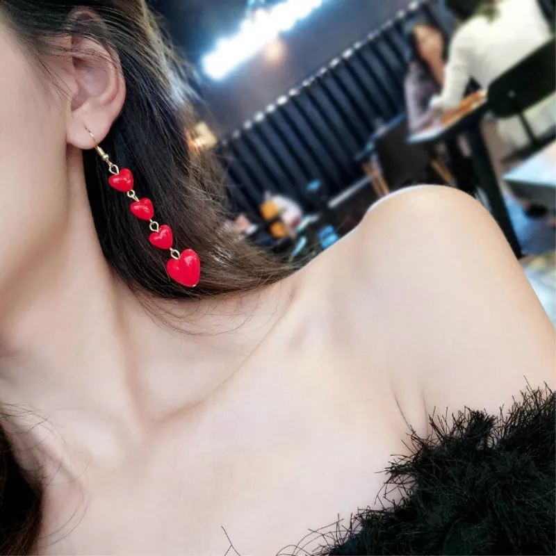 Korean Style Lovely Heart Pendant Long Tassel Earrings Red Peach Drop Ear For Women Girls Gift Wholesale 240906