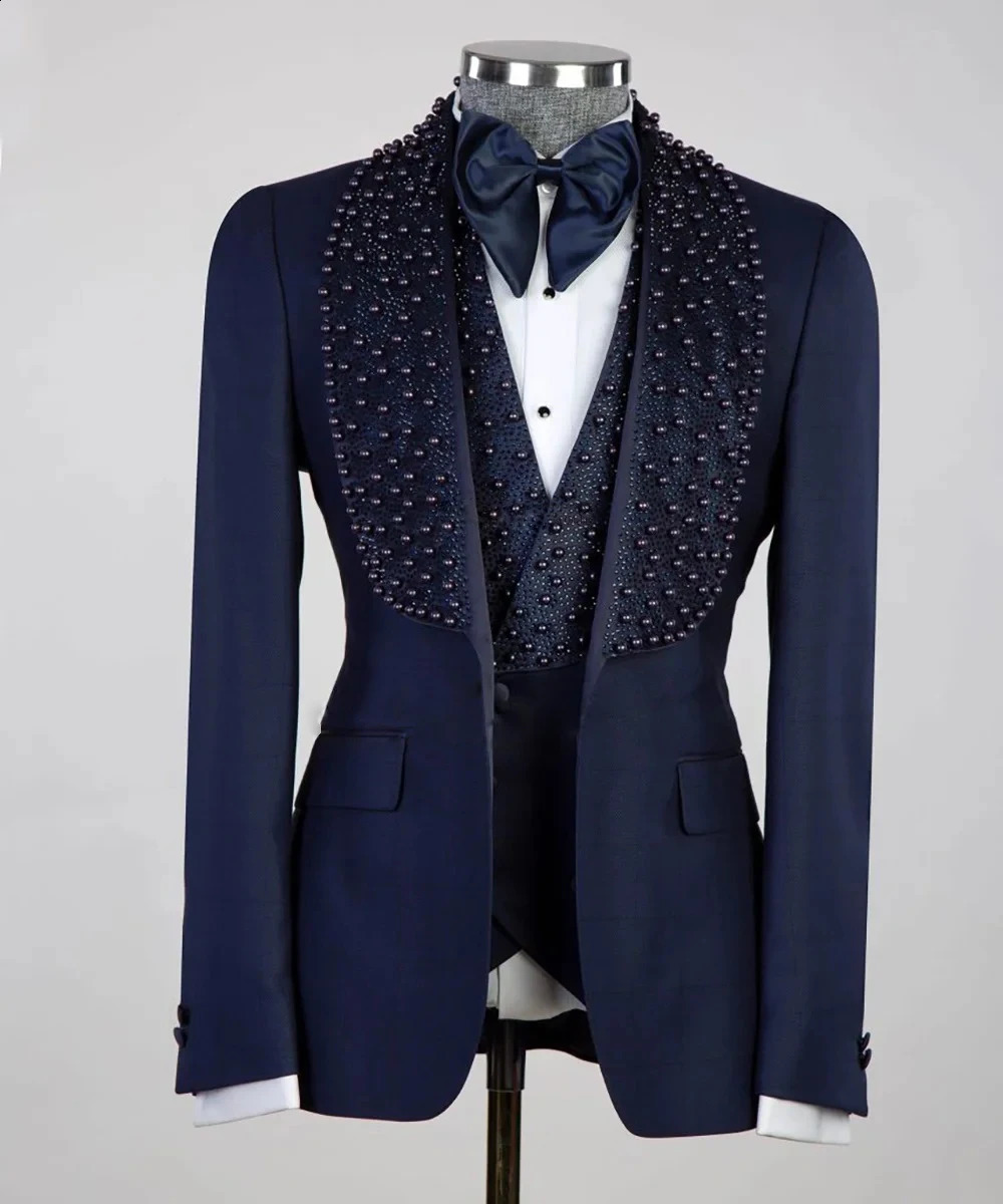 Jewelry Men Suits Ornament Tuxedos Shawl Lapel Male Prom 3 Pieces Wedding Groom Dinner Party Blazer Pants Complete 240914