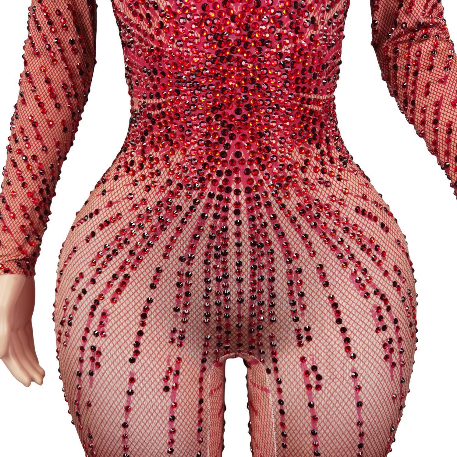 Sparkle Red Dia Bodysuits Women Bodycon Long Sleeve Leotards V-Neck Stage Costumes Ladies Sexy Rhie One Piece Jumpsuit