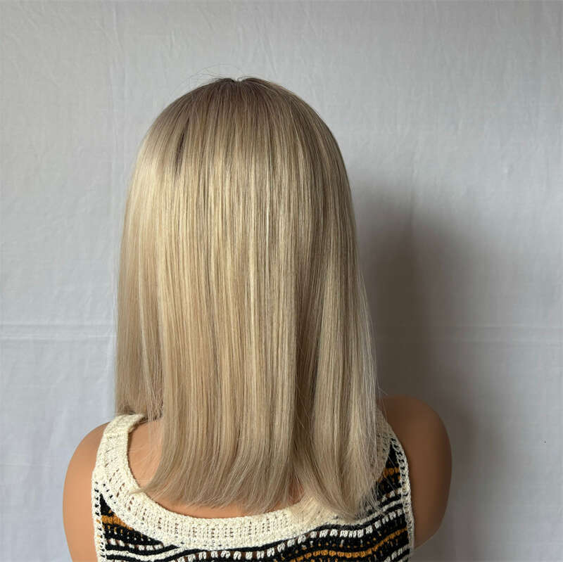 Fashion Ash Blonde Highlight Color Short Straight Bob Front Wigs For Women Long Synthetic Hair Dark Roots 13X4 Lace Frontal Wig