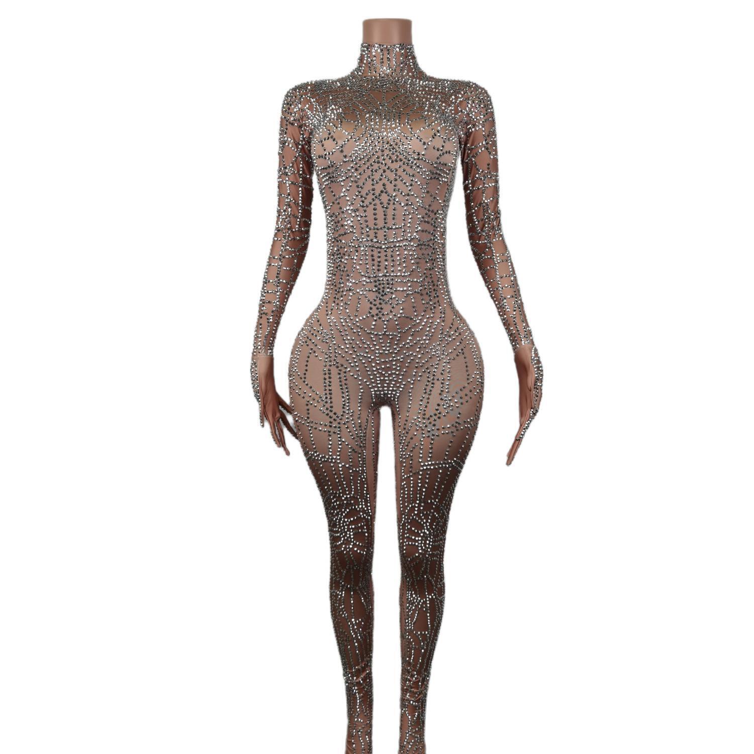 Shining Glitter Rhies Gloves Jumpsuits For Women Sexy Stretch Dance Bodysuit Birthday Party Stage Wear Drag Queen Costumes