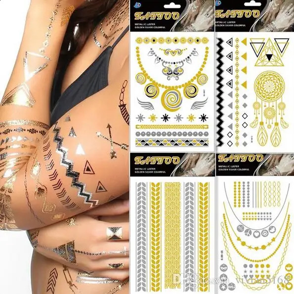 10 fashionable gold silver metal glitter tattoos metal tattoo stickers temporary body art womens beach waterproof size 15X21c 240913