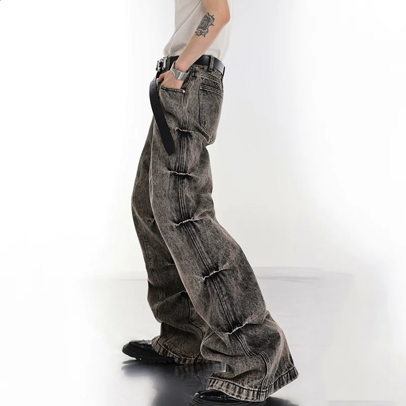 NOYMEI Male Y2k Wide Leg Jean Pleated Vintage Fashion Mens Micro Flared Denim Pants High Street Trousers Stack WA3351 240912