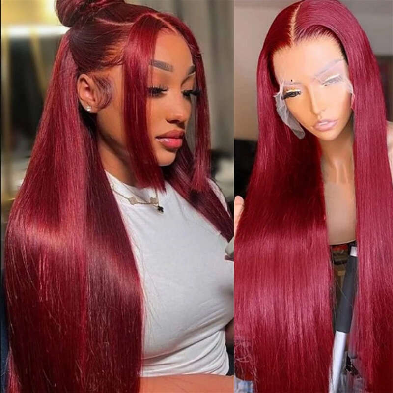 Wine Red Synthetic Glueless For Women Natural Haire Front Lace Wig Bury Long Silk Straight Hair Cosplay Wear