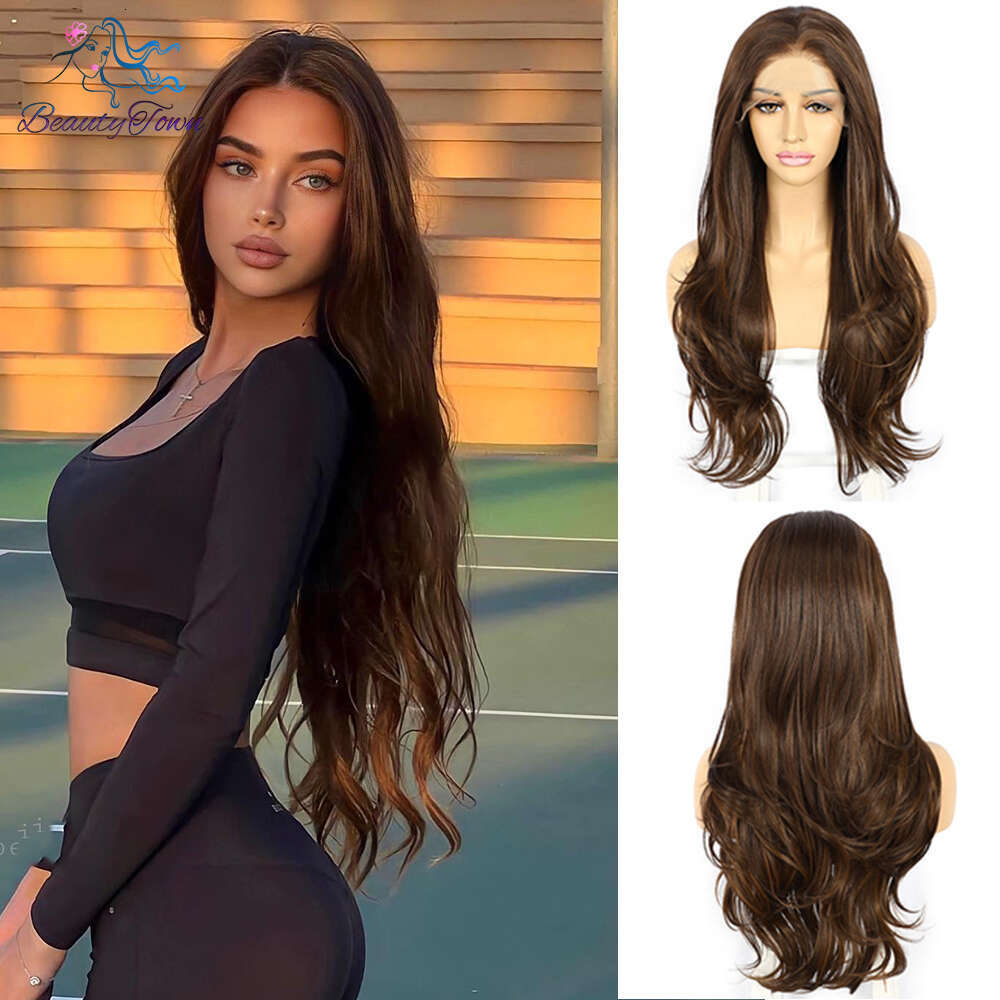 Highlight Colored Synthetic Front Copper Blonde HD Transparent Lace Frontal Body Wave Full Cosplay Daily Wig
