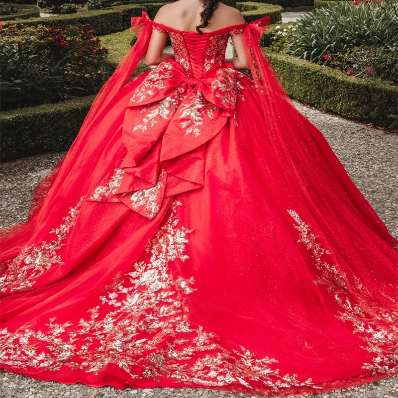 Red Shiny Princess Quinceanera Dresses Sequins Gold Lace Appliques Tull Sweet 16 Dress Party Birthday Ball Gown Vestidos 15 De Anos
