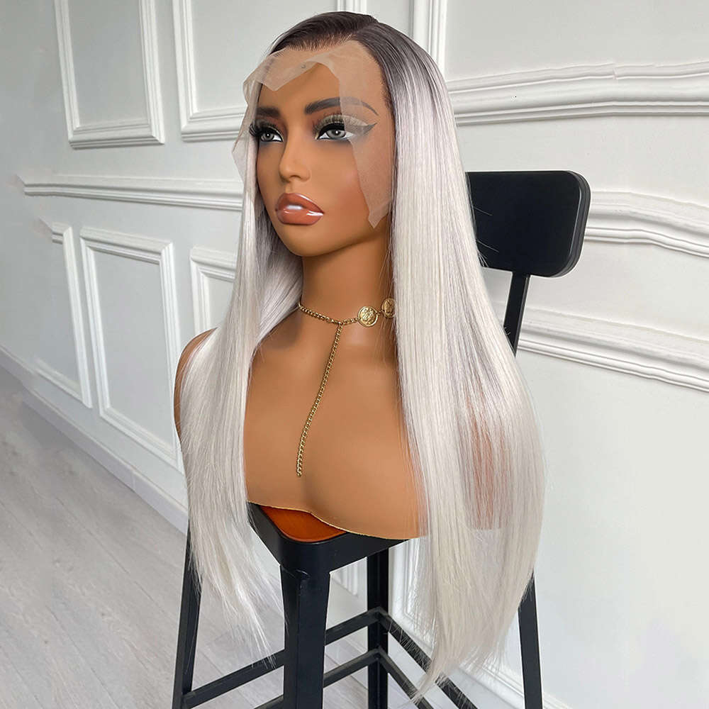 Ombre Ash Synthetic Front Wigs Silky Straight Colored Cosplay For Women Dark Roots Sier White Lace Wig