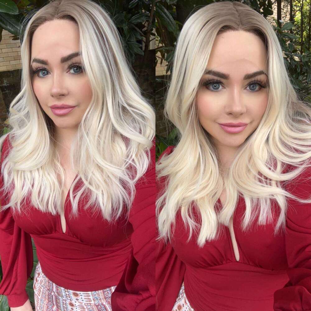 Premium Synthetic Hair Creamy Ombre Colored Wigs Ash Blonde Roots Lace Front Wig Heat Resistant Fiber Thick Wavy 150%
