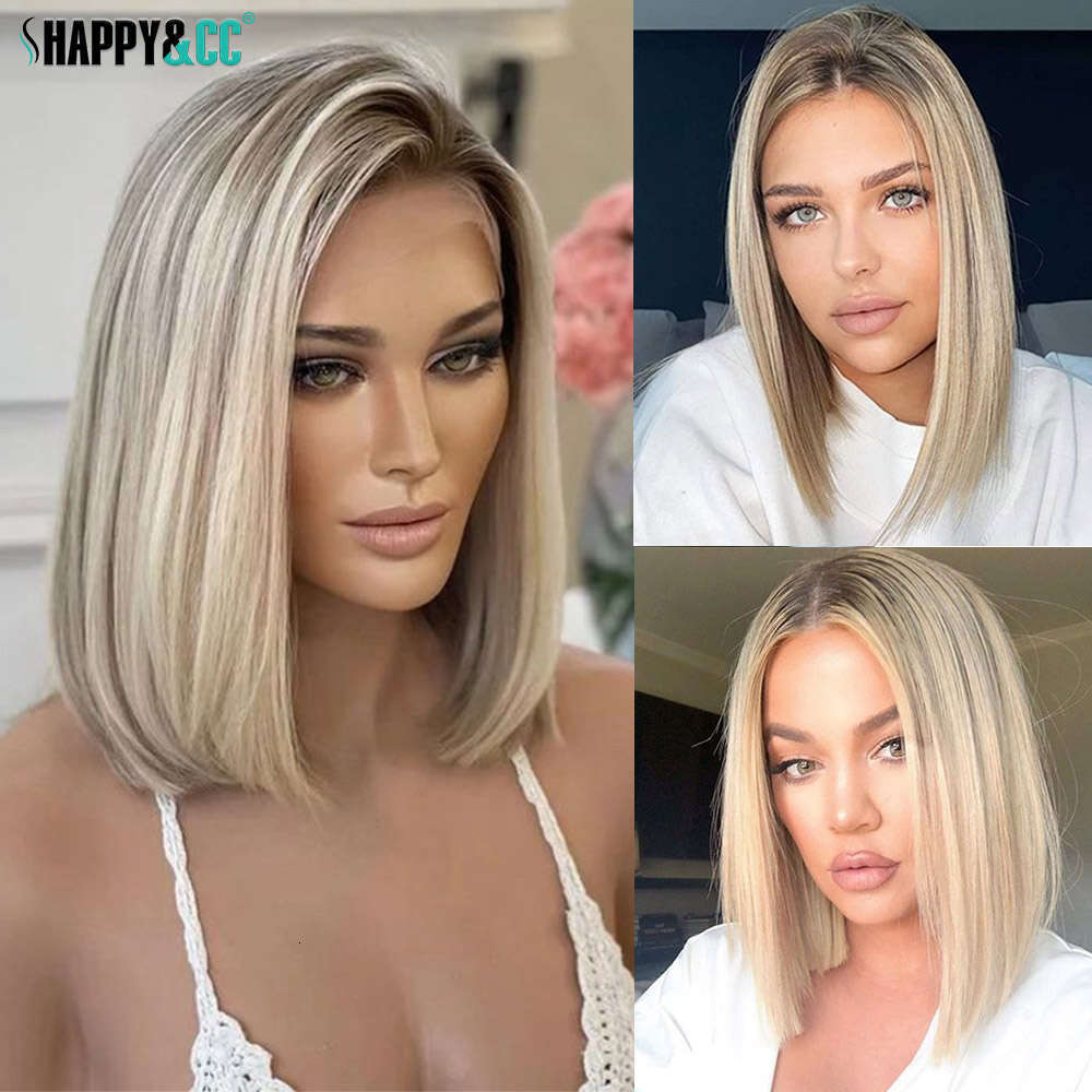 12Inch Highlight Short Bob Synthetic Lace Front Wigs Dark Roots Colored Straight Glueless Blonde Wig For Women Daily Use