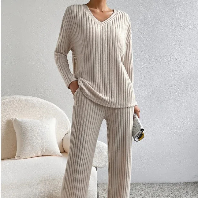 2024 Womens autumn winter knit cotton suit solid home clothes loose long-sleeved casual V-neck sweater straight pant trousers 240905