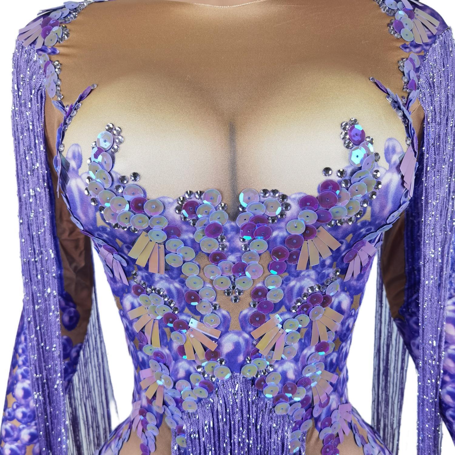 Queen's Style Purple Glitter Jumpsuits Sparkle Tassel Bodycon Rompers Ladies Party Nightclub Show Short Shiny Fringes Bodysuits