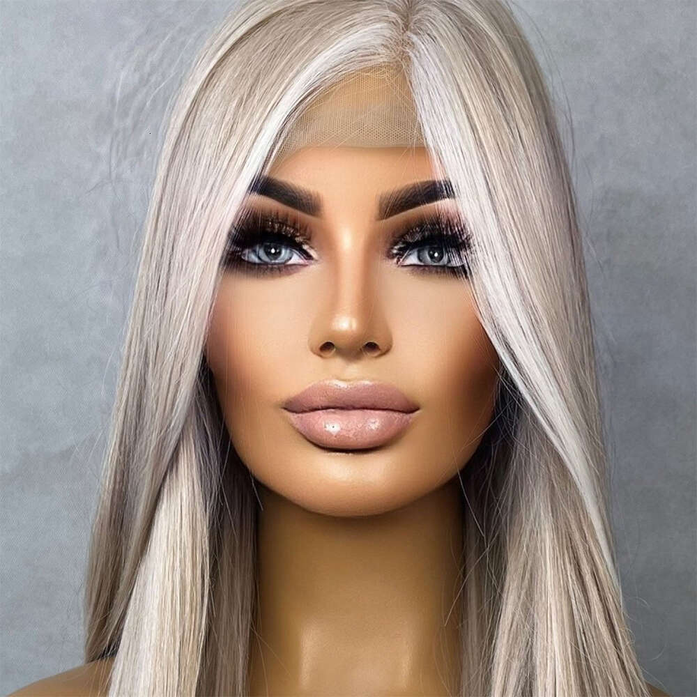 Ash Blonde White Balayage Highlights 28 Inch Long Wig Straight Center Parting High Density Lace Front Women Daily Wigs