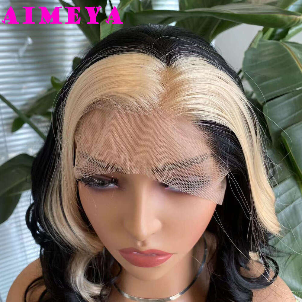 AIMEYA Hair Black Bob With Blonde Highlights Short Synthetic Lace Front Wigs Natural Looking Daily Use Wig