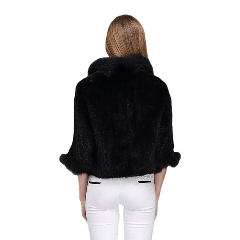 Women Natural Mink Fur Shawl Jacket Lady Knitted Mink Fur Scarf Shawl Lady Real Mink Fur And Fox Fur Collar Poncho Shawl Coat 240909