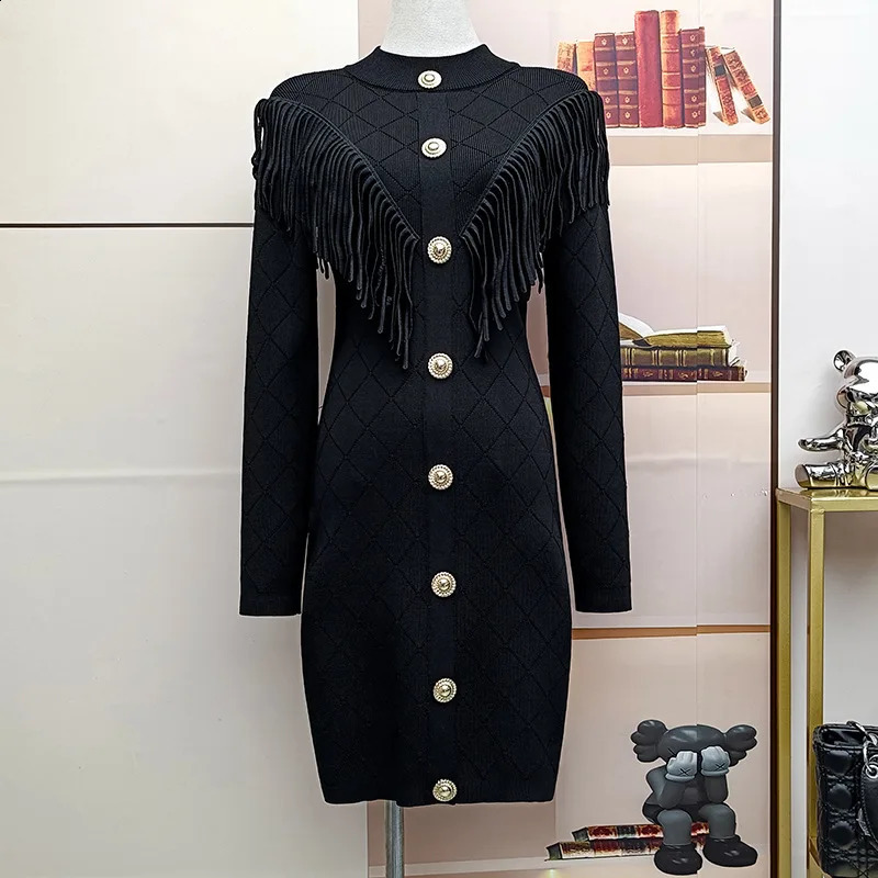 ZJYT autumn and winter long sleeved tassel knitted womens sweater elegant button white black short party dress vest 240913