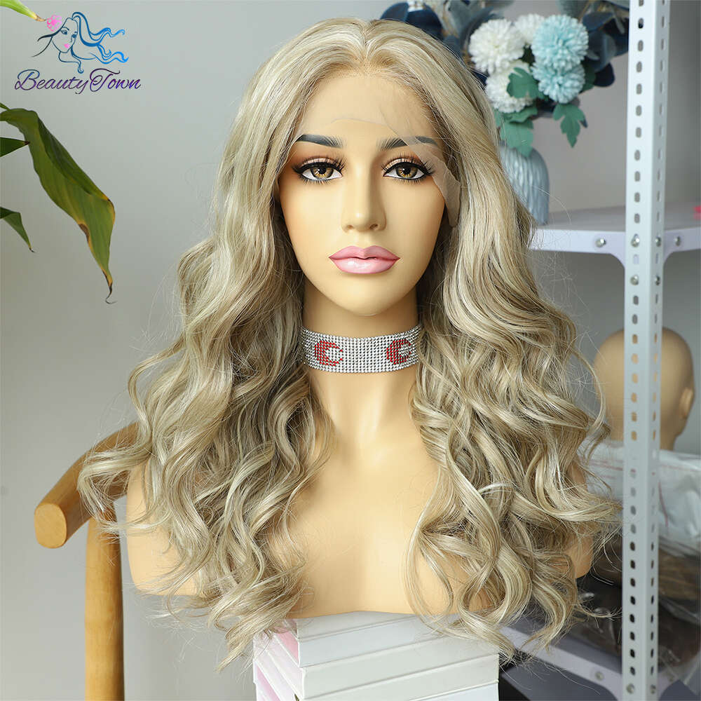 Honey Blonde Colored Synthetic Front Brown Yellow Highlight 13X3 HD Transparent Lace Frontal Body Wave Cosplay Wig