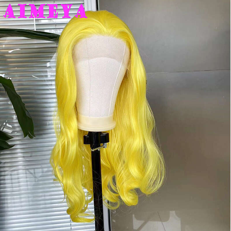 AIMEYA Yellow Wig Long Wave Synthetic Lace Front Heat Resiatant Fiber Hair Daily Use Cosplay Wigs