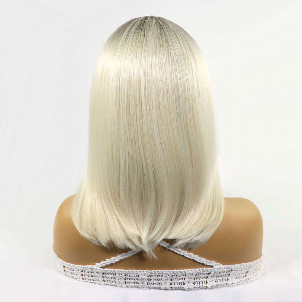 Ash Short Bob Front Wigs For Women Straight Dark Roots Blonde Synthetic Lace Frontal Heat Resistant Colored Wig