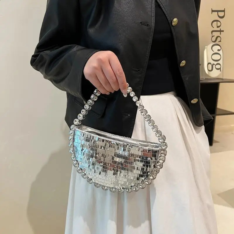 Women Round Handle Mini Sequin Clutch Women Y2K Fashion Diamonds Evening Underarm Shoulder Bag Handbags 240913
